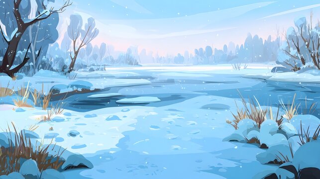 Flat vector cool winter land snow carpet soft icy highlight open layout