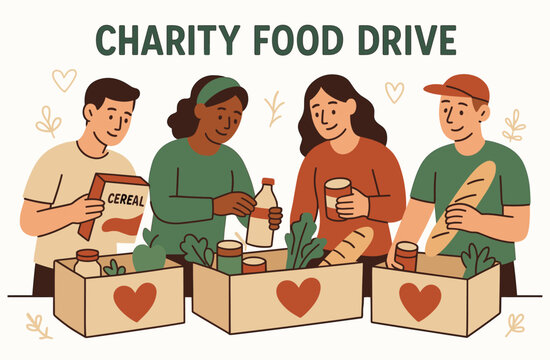 Group of diverse adults volunteering at charity food drive event