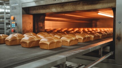 Commercial bakery, showing golden-brown loaves of bread freshly emerging from a large, industrial oven onto a conveyor belt.