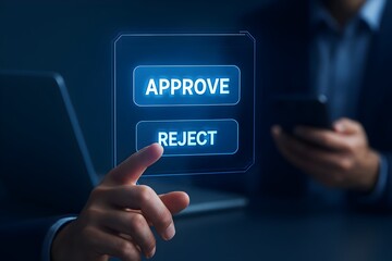 Hand selecting approve button on digital interface, with reject option, illustrating a critical decision, validation, or confirmation in business, technology, or workflow