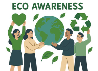 Diverse group promoting eco awareness with symbols of sustainability and unity