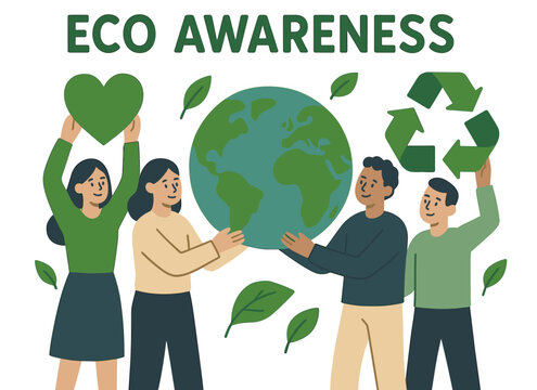 Diverse group promoting eco awareness with symbols of sustainability and unity
