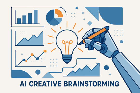 Robotic arm conducting ai creative brainstorming with data visualizations