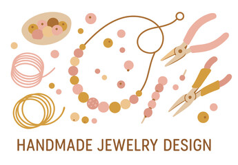 Artisanal jewelry crafting tools and beads in a minimalist design setting
