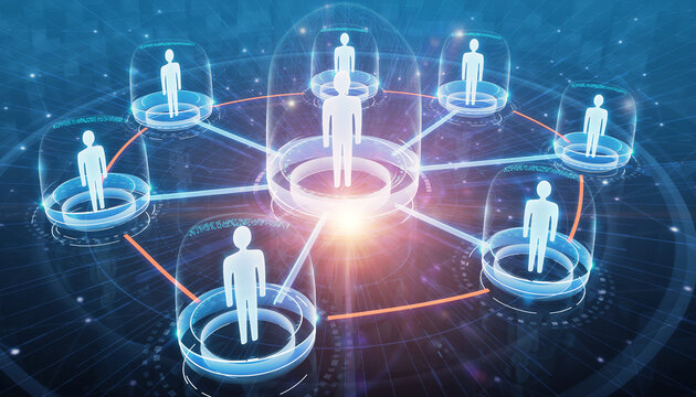 Digital Network: A stylized digital rendering captures the essence of a modern network, with figures connected by glowing lines. 