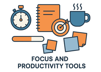 Focus and productivity tools: timer, notebook, target, coffee, progress bar, sticky notes