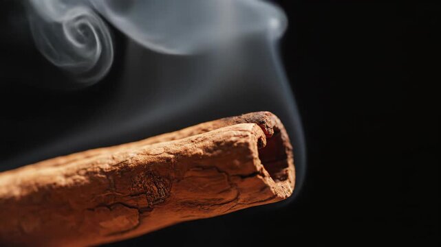 Macro Cinnamon Stick Burning Against Dark Background