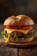 Sesame seed burger with melting cheddar cheese, tomato slice, and lettuce on wooden board