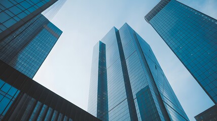Modern skyscrapers and glass buildings under blue sky, urban architecture and corporate business office towers in financial downtown city