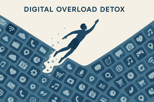 Digital detox illustration of person escaping app overload - Powered by Adobe