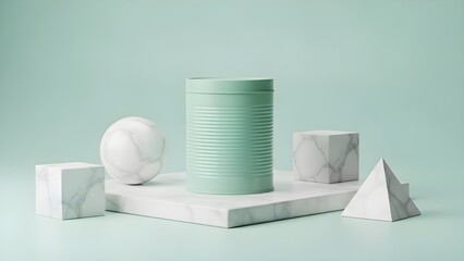 Tin can on marble with geometric props in mint luxury studio