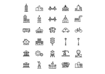 25 Vector City and Urban Icons: Black and White Skyline Set, Architecture and Travel Symbols: Minimalist Cityscape Icon Pack, Modern Landmark and Building Outline Icons Collection