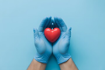 Doctor hands in blue gloves gently holding red heart on blue background, healthcare compassion support and medical care concept image