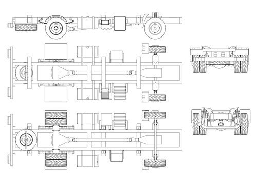 Semi truck with flatbed trailer chassis set in contour drawing style. The vehicle has a light blue trailer with white stripe, four axles, and detailed cable connections.