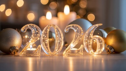 Sparkling 2026 New Year's Eve celebration with glowing lights and festive ornaments creating a warm and inviting atmosphere for holiday promotions