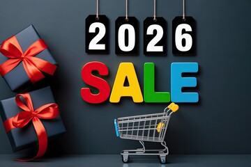 2026 Sale Promotion with Shopping Cart Gift Boxes and Colorful Typography on Dark Background