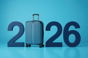 Travel 2026 Concept with Suitcase and Blue Number Blocks on Blue Background