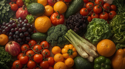Abundant top-down view of fresh fruits and vegetables including grapes, oranges, tomatoes, and broccoli, arranged densely for a healthy food concept