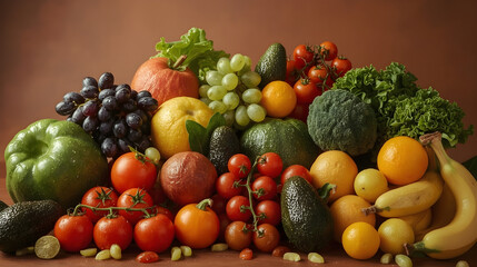 Vibrant Still Life with Assorted Fruits and Vegetables against Deep Brown Background
