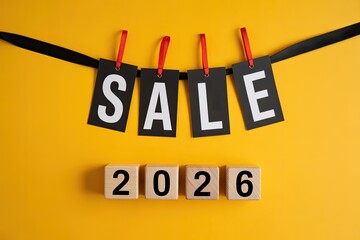 2026 Sale Announcement with Hanging Black Tags and Wooden Number Blocks on Yellow Background