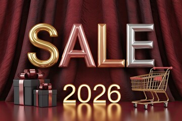 Luxury 2026 Sale Promotion with Metallic Letters Gifts and Gold Shopping Cart