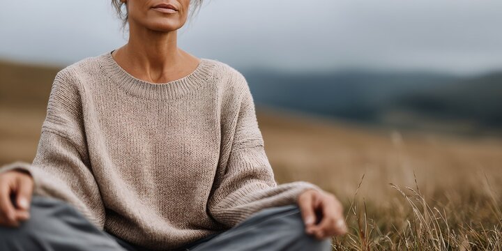 Woman is sitting in a field with a sweater on