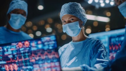 Surgeon making delicate procedure, female medical professional in scrubs, AI-assisted visualization overlays projected on monitor, assistants following precise instructions - Powered by Adobe