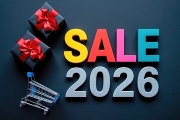 2026 Holiday Sale Promotion with Colorful Letters Gift Boxes and Silver Numbers
