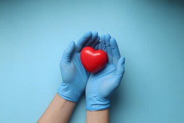Doctor hands in blue gloves gently holding red heart on blue background, healthcare compassion support and medical care concept image