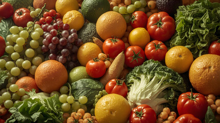 Overhead view of a vibrant assortment of fresh red tomatoes, green grapes, oranges, and leafy greens arranged densely