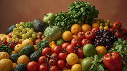 Abundant pile of fresh red tomatoes, green grapes, and oranges against a warm studio background