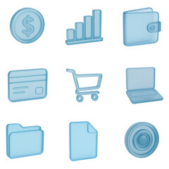 Luxury 3D Blue Frosted Glass UI Icon Set for Financial, Business Strategy, and Data Analysis. Modern Symbols for Web and Mobile App Design.