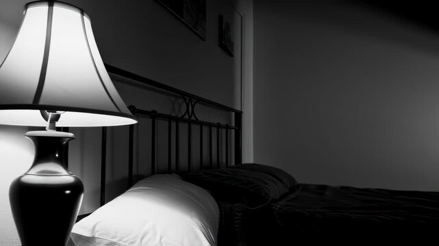 A shadowy figure's silhouette reaching for a light switch in a dark bedroom at night, depicting a nightmare or sleep paralysis.