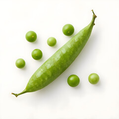 Open green pea pod with loose round peas on white background