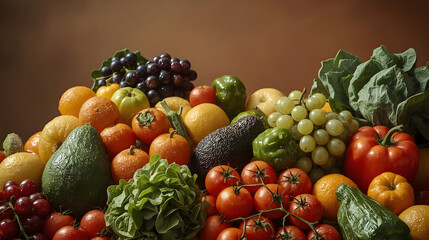 Assorted Fresh Produce with Dark Grapes, Oranges, and Tomatoes in a Still Life Arrangement