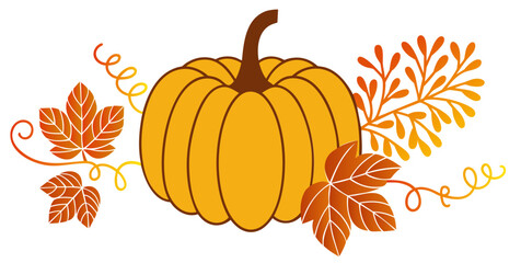 Fall Pumpkin with Leaves — Autumn Harvest Botanical Composition for Thanksgiving Decor © OS