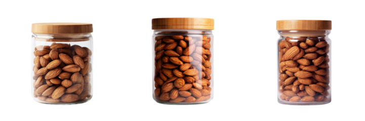 Almonds in glass jars on a transparent background food photography minimalistic style