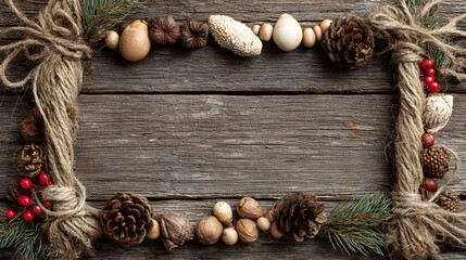 Rustic festive border with jute, pine twigs, wooden beads forming natural handcrafted frame 