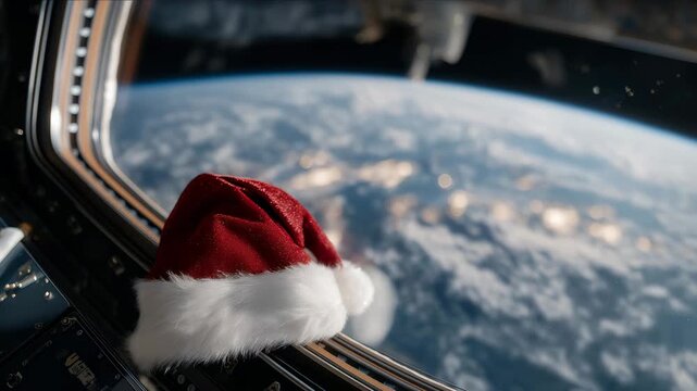 Santa hat gently floating in zero gravity inside a space station near porthole window showing Earth &mdash; concept of cosmic Christmas celebration, astronaut holiday spirit, and futuristic exploration