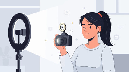 Female influencer recording video with a DSLR camera and ring light for social media content creation, illustration for online channels and digital marketing campaigns