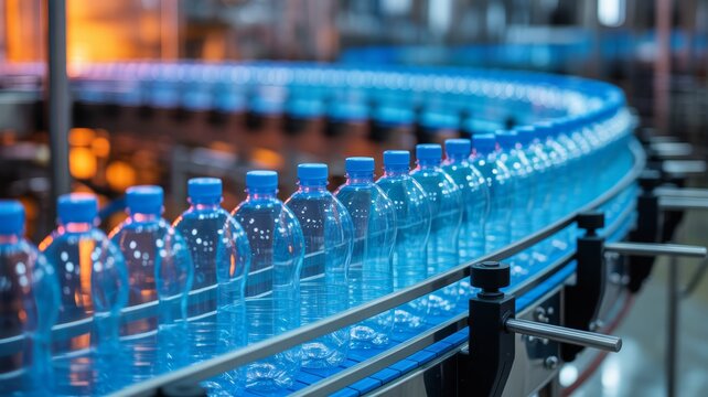 Transparent plastic water bottles with light blue caps, moving in a continuous line along a high-speed, blue conveyor belt in a modern beverage bottling plant.