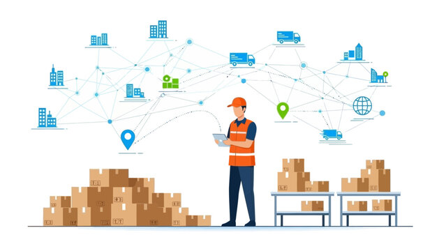 Delivery Man Using Tablet for Logistics and Distribution Network Tracking with Cardboard Boxes and Trucks for Shipping Concept