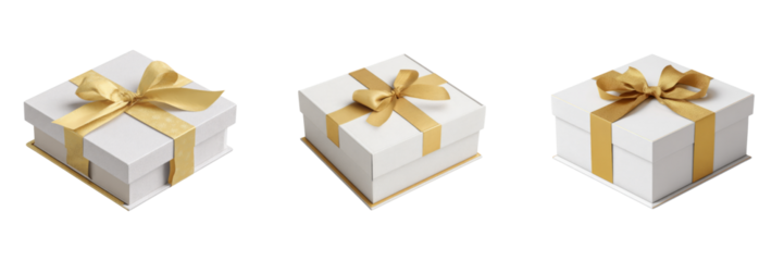 Elegant white gift boxes with gold ribbons on transparent background holiday event studio view