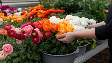 Colorful ranunculus flowers are being selected in a vibrant greenhouse on a sunny day amidst lush greenery