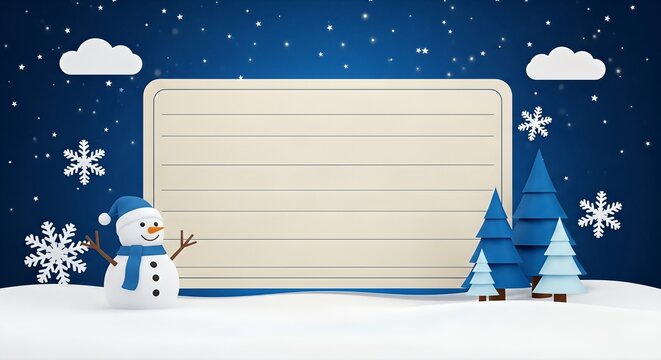 Cute Snowman  Snowy Trees with Blank Sign for Winter Holiday Message  Christmas Greeting