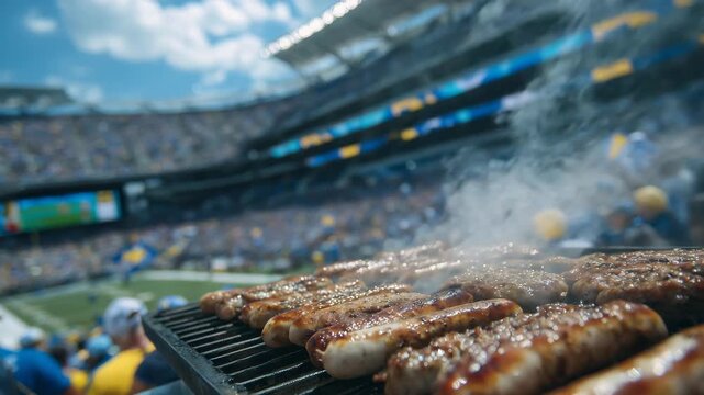 Vibrant gameday tailgate scene with a grill full of hot dogs and burgers, festive crowd in team jerseys and hats, stadium in the background glowing under afternoon sunlight