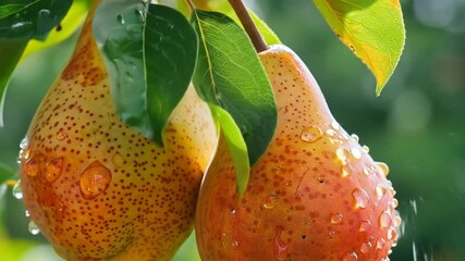 Close up of ripe pears hanging on a tree branch with water droplets - Powered by Adobe