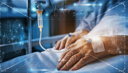 Healthcare in focus: Patient's hands rest on a hospital bed, an intravenous drip provides care, and abstract technological elements overlay the scene, highlighting medical progress and care.