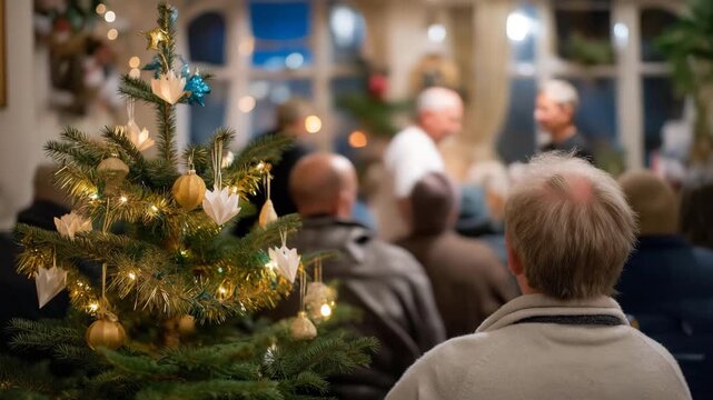Warmly lit homeless shelter decorated for Christmas, with volunteers and residents gathered around a simple tree adorned with handmade paper ornaments and recycled tinsel — an authentic visual