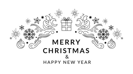 Elegant black and white line art illustration wishing Merry Christmas and Happy New Year, adorned with festive elements like snowflakes, stars, gift box, and ornaments.
